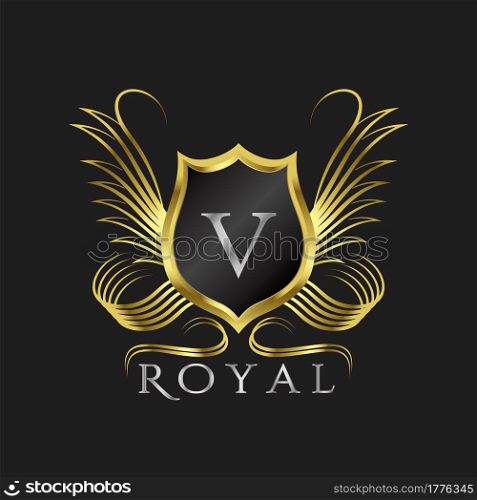 Luxury Logo Letter V. Golden shield vector design concept flourish ornate swirl for hotel, boutique, resort, victorian style