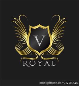 Luxury Logo Letter V. Golden shield vector design concept flourish ornate swirl for hotel, boutique, resort, victorian style