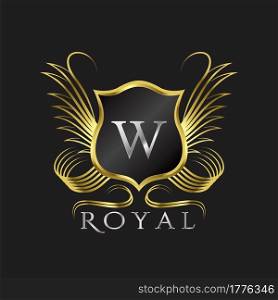 Luxury Logo Letter W. Golden shield vector design concept flourish ornate swirl for hotel, boutique, resort, victorian style