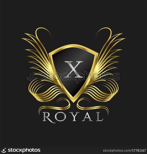 Luxury Logo Letter X. Golden shield vector design concept flourish ornate swirl for hotel, boutique, resort, victorian style
