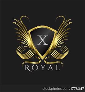 Luxury Logo Letter X. Golden shield vector design concept flourish ornate swirl for hotel, boutique, resort, victorian style