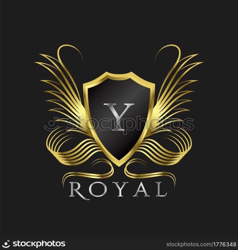 Luxury Logo Letter Y. Golden shield vector design concept flourish ornate swirl for hotel, boutique, resort, victorian style