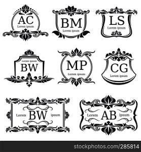 Luxury logo monograms with decorative ornament elements and letters. Vector set of monogram ornament retro classic decor illustration. Luxury logo monograms with decorative ornament elements and letters. Vector set