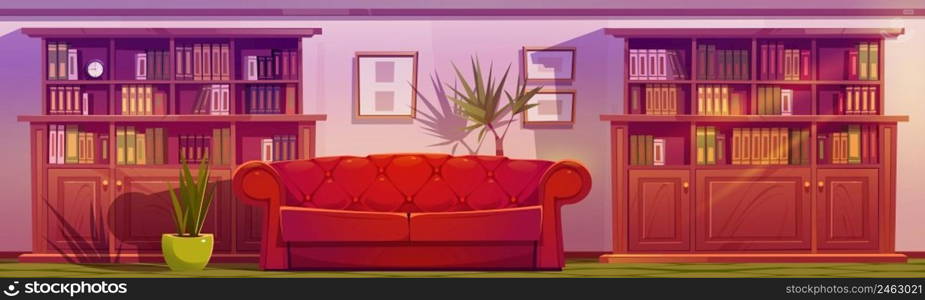 Luxury lounge interior with sofa and bookcases. Vector cartoon illustration of living room or cabinet with couch with leather upholstery in classic style, bookshelves and plants. Luxury lounge interior with sofa and bookcases