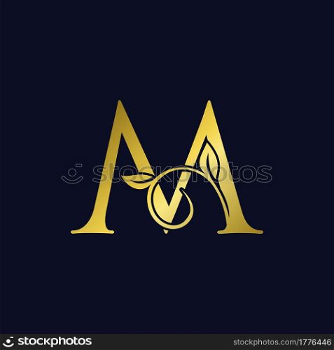 Luxury M Initial Letter Logo gold color, vector design concept ornate swirl floral leaf ornament with initial letter alphabet for luxury style.