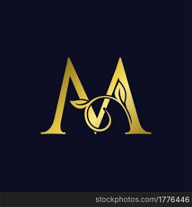 Luxury M Initial Letter Logo gold color, vector design concept ornate swirl floral leaf ornament with initial letter alphabet for luxury style.