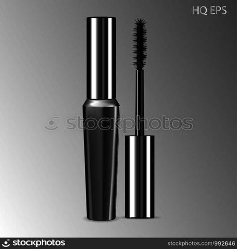 Luxury mascara ads silver package with eyelash applicator brush. Eyeliner Design Promotion Product. 3D realistic cosmetic Vector Illustration.. Luxury mascara silver package. Eyelash applicator