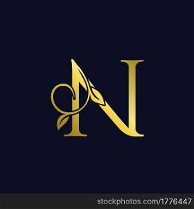 Luxury N Initial Letter Logo gold color, vector design concept ornate swirl floral leaf ornament with initial letter alphabet for luxury style.