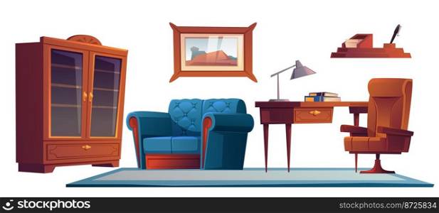 Luxury office in classic antique style. Wooden solid furniture secretaire table, leather armchair and couch, l&, bookcase, picture on wall isolated on white background, Cartoon vector illustration. Luxury office in old antique style, furniture set