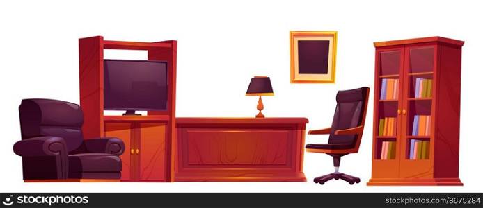 Luxury office in old antique style. Wooden solid furniture table, leather armchair and chair, lamp, tv, bookcase with books, picture on wall isolated on white background, Cartoon vector illustration. Luxury office in old antique style, furniture set
