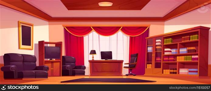 Luxury office interior with wooden furniture, computer on table, sofa and bookcase. Vector cartoon illustration of empty chief cabinet in classic style with red curtains and paintings in golden frames. Empty luxury office interior with wooden furniture