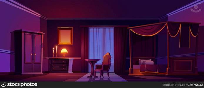 Luxury old bedroom interior at night. Empty dark room with wooden furniture and gold decoration, bed with canopy, armchair with crown decor, glow candles and lamp. Cartoon vector classic style design. Luxury old bedroom interior at night, dark room