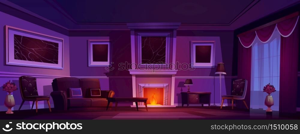 Luxury old living room, dark interior with burning fireplace, classic style furniture, leather couch, armchair and wood coffee table, floor lamp and flower vase. Night home cartoon vector illustration. Luxury old living room dark interior fireplace
