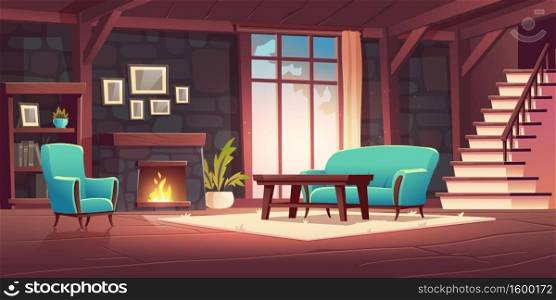 Luxury old living room interior with burning fireplace on stone wall, classic style furniture, couch, armchair and wood coffee table, flower vase, window and stairs, home cartoon vector illustration. Luxury old living room interior with fireplace