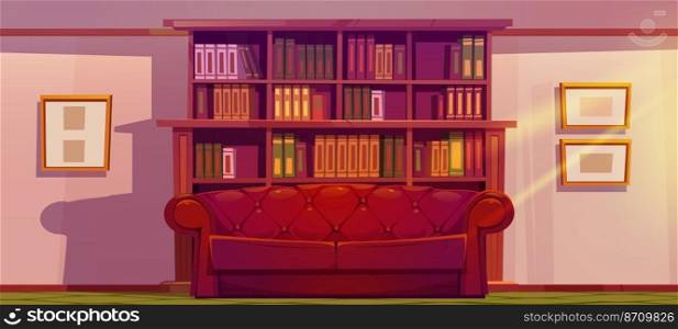Luxury old living room or library interior with wooden bookcase, leather coach and pictures hang on wall. Place for reading with sofa and bright sunshine, athenaeum place Cartoon vector illustration. Luxury old living room or library interior, books