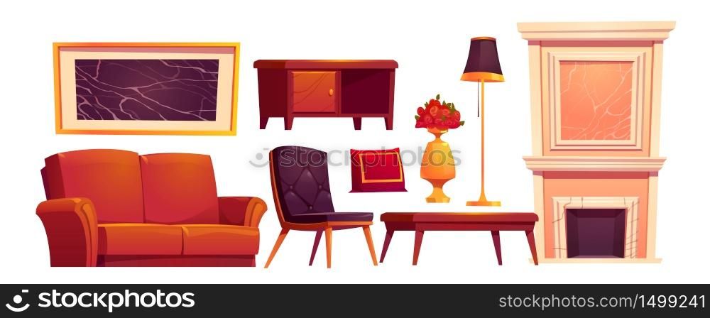 Luxury old living room stuff. Classic style furniture, fireplace with marble stone texture, leather couch, armchair and coffee table, floor lamp, decorative pillow and flower vase, Cartoon vector set. Luxury old living room stuff, classic furniture