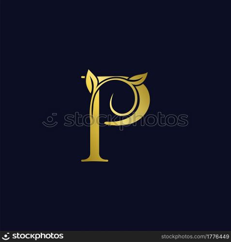 Luxury P Initial Letter Logo gold color, vector design concept ornate swirl floral leaf ornament with initial letter alphabet for luxury style.
