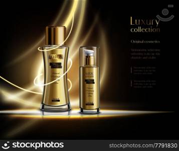 Luxury perfume cosmetics collection realistic advertisement poster with glowing lotion glass spray bottles dark background vector illustration . Luxury Cosmetics Realistic Advertisement Poster