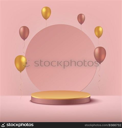 Luxury pink gold and golden balloon background vector 3d rendering with cylinder podium. Minimal rendered scene 3d with golden podium platform. stand to show product. Stage showcase background.