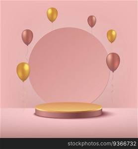 Luxury pink gold and golden balloon background vector 3d rendering with cylinder podium. Minimal rendered scene 3d with golden podium platform. stand to show product. Stage showcase background.