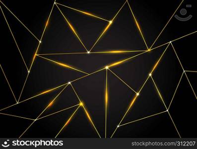 Luxury polygonal pattern and gold triangles lines with lighting on dark background. Geometric low polygon gradient shapes. Vector illustration