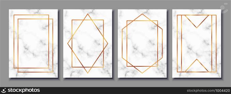 Luxury posters set with white marble texture and gold polygonal frames. Vintage templates in art deco style: cards, banners, brochures, flyers etc. Perfect for wedding invitations, party flyers etc.. Luxury posters set with white marble texture and gold polygonal frames.