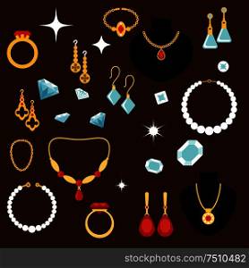 Luxury precious jewelries flat icons of rings, necklaces, chains with pendants, earrings and bracelets, inlaid with diamonds, rubies, pearls and sapphires. Jewelleries and gemstones flat icons