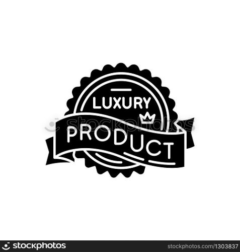 Luxury product black glyph icon. Brand equity, superior status silhouette symbol on white space. Expensive premium quality goods badge with crown and banner ribbon vector isolated illustration