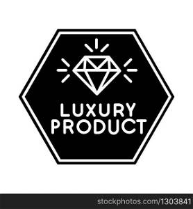 Luxury product black glyph icon. High class jewellery, expensive product silhouette symbol on white space. Jewelry store logo. Elegant emblem with shiny diamond vector isolated illustration