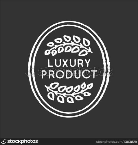 Luxury product chalk white icon on black background. Top quality goods, premium status assurance, brand equity. Elegant emblem with laurel branches isolated vector chalkboard illustration