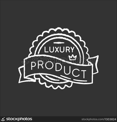 Luxury product chalk white icon on black background. Brand equity, superior status. Expensive premium quality goods badge with crown and banner ribbon isolated vector chalkboard illustration