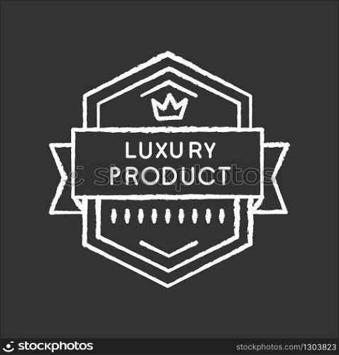 Luxury product chalk white icon on black background. Brand exclusiveness, prestigious status. Luxurious premium goods badge with crown and banner ribbon isolated vector chalkboard illustration