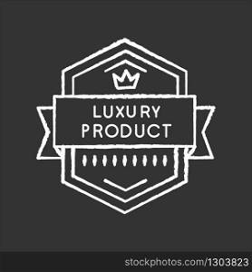 Luxury product chalk white icon on black background. Brand exclusiveness, prestigious status. Luxurious premium goods badge with crown and banner ribbon isolated vector chalkboard illustration