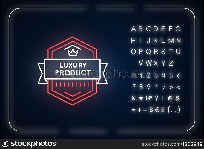 Luxury product neon light icon. Outer glowing effect. Sign with alphabet, numbers and symbols. Luxurious premium goods badge with crown and banner ribbon vector isolated RGB color illustration