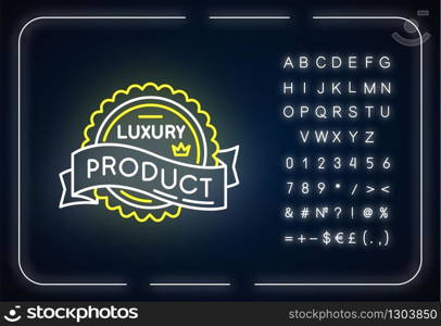 Luxury product neon light icon. Outer glowing effect. Sign with alphabet, numbers and symbols. Expensive premium quality goods badge with crown and banner ribbon vector isolated RGB color illustration