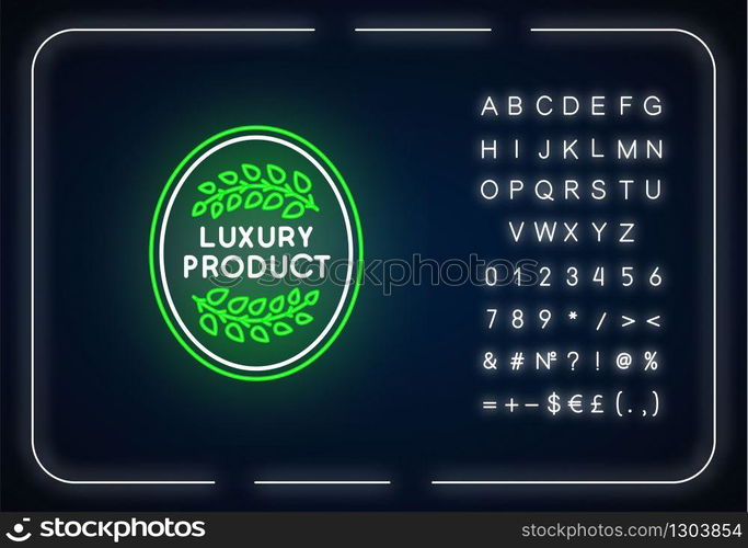 Luxury product neon light icon. Outer glowing effect. Top quality goods. Sign with alphabet, numbers and symbols. Elegant emblem with laurel branches vector isolated RGB color illustration