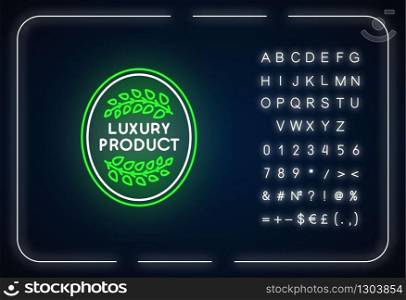 Luxury product neon light icon. Outer glowing effect. Top quality goods. Sign with alphabet, numbers and symbols. Elegant emblem with laurel branches vector isolated RGB color illustration