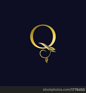 Luxury Q Initial Letter Logo gold color, vector design concept ornate swirl floral leaf ornament with initial letter alphabet for luxury style.