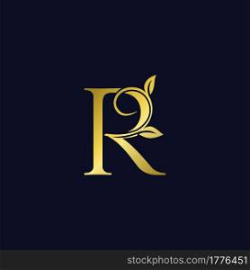 Luxury R Initial Letter Logo gold color, vector design concept ornate swirl floral leaf ornament with initial letter alphabet for luxury style.