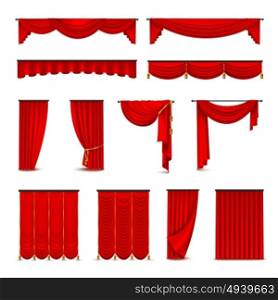 Luxury Red Curtains Draperies Realistic Set. Luxury scarlet red silk velvet curtains and draperies interior decoration design ideas realistic icons collection isolated vector illustration