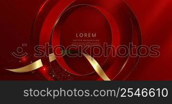 Luxury red elegant background with gold ribbon and red circle shape overlapping 3d golden with copy space for text. Vector illustration