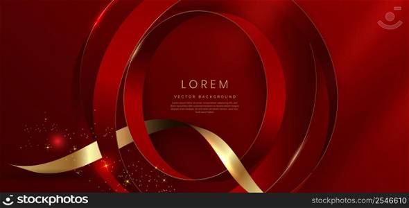 Luxury red elegant background with gold ribbon and red circle shape overlapping 3d golden with copy space for text. Vector illustration