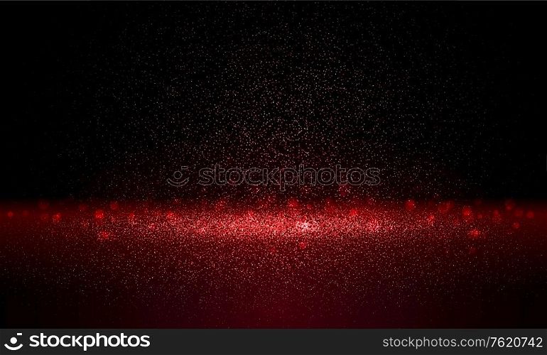 Luxury red gold glitter particles on black background. Red glowing lights magic effects. Glow sparkles, vector illustration. Glitz dust. Luxury red gold glitter particles on black background. Red glowing lights magic effects. Glow sparkles, vector illustration.