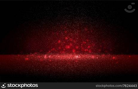 Luxury red gold glitter particles on black background. Red glowing lights magic effects. Glow sparkles, vector illustration. Glitz dust. Luxury red gold glitter particles on black background. Red glowing lights magic effects. Glow sparkles, vector illustration.