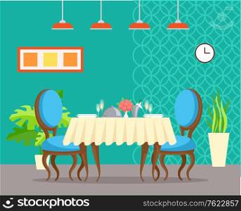 Luxury restaurant interior vector, table with tablecloth and vase with flowers. Plants in pots decorating room, ornaments on wall, lamp and time clock. Elegant Design of Table, Restaurant Blue Interior