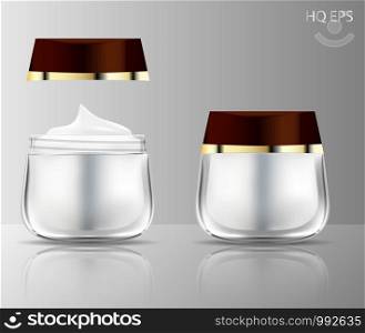 Luxury Round transparent glass jar with plastic lid for cosmetics - body cream, butter, scrub, bath salt, gel, skin care, powder. Realistic packaging mockup template.. Luxury Round transparent glass jar plastic lid