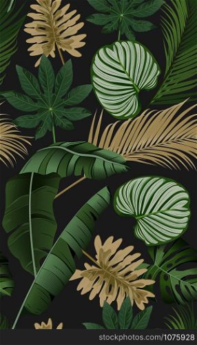 Luxury seamless pattern with tropical leaves on dark background