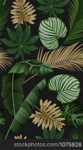 Luxury seamless pattern with tropical leaves on dark background