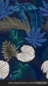Luxury seamless pattern with tropical leaves on dark blue background