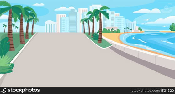 Luxury seaside resort boulevard flat color vector illustration. Waterfront street with skyscrapers and tropical palms. Seafront 2D cartoon landscape with sandy beach and city buildings on background . ZIP file contains: EPS, JPG. If you are interested in custom design or want to make some adjustments to purchase the product, don&rsquo;t hesitate to contact us! bsd@bsdartfactory.com. Luxury seaside resort boulevard